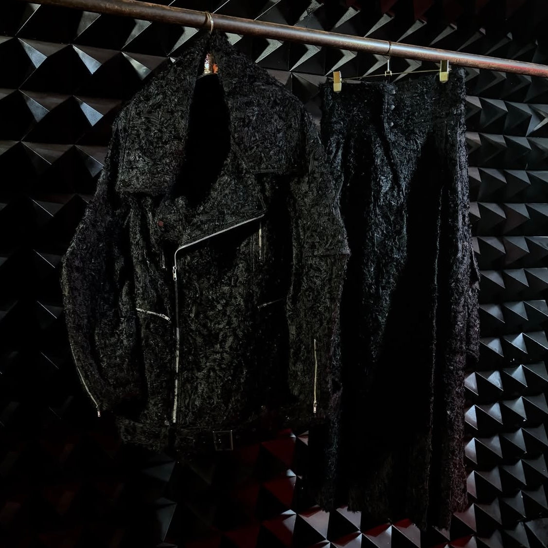 【divka 26AW,】 Rayon/Nylon/Cut Jacquard Biker Jacket & Multi-Pocket Cargo Pants