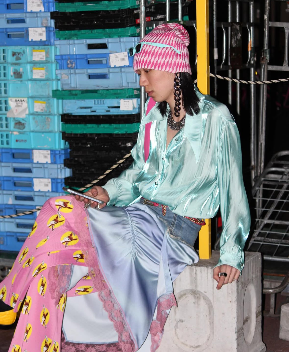 【Andersson Bell 26SS,】DENIM COMBINATION LACE HEM SKIRT BLUE