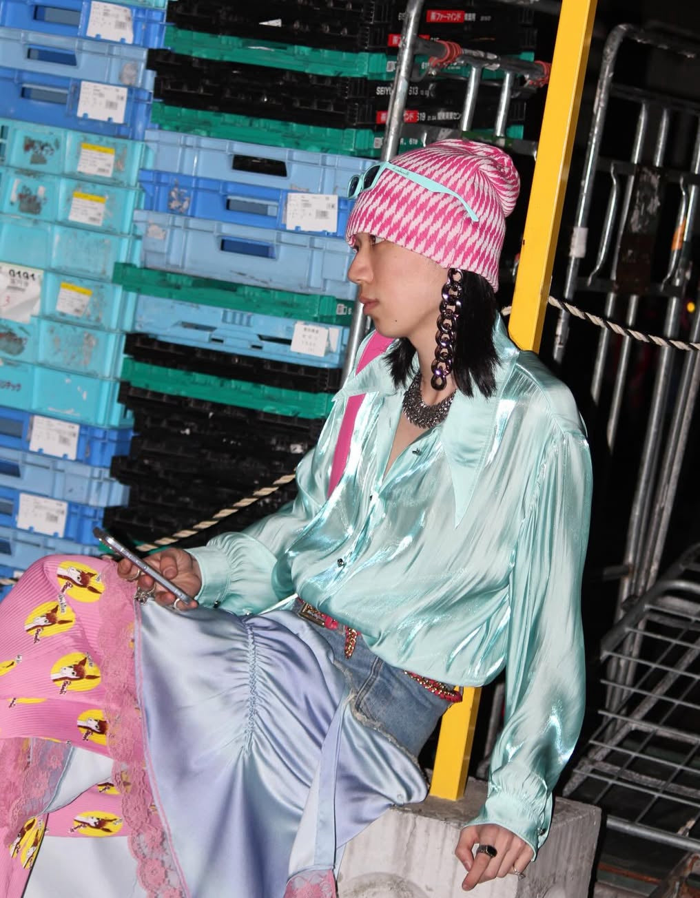 【Andersson Bell 26SS,】DENIM COMBINATION LACE HEM SKIRT BLUE