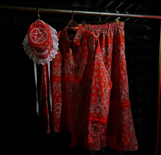 【el conductor 26SS,】COTTON BANDANA SHIRT JACKET & COTTON BANDANA TROUSERS & HIGAN EXCLUSIVE FRILL LACE BUCKET HAT