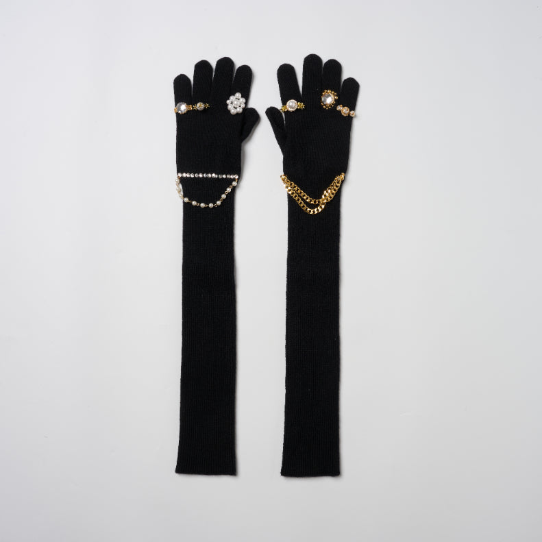 【doublet 26AW,】 
JEWELRY ATTACHED LONG
GLOVES/  BLACK/GOLD