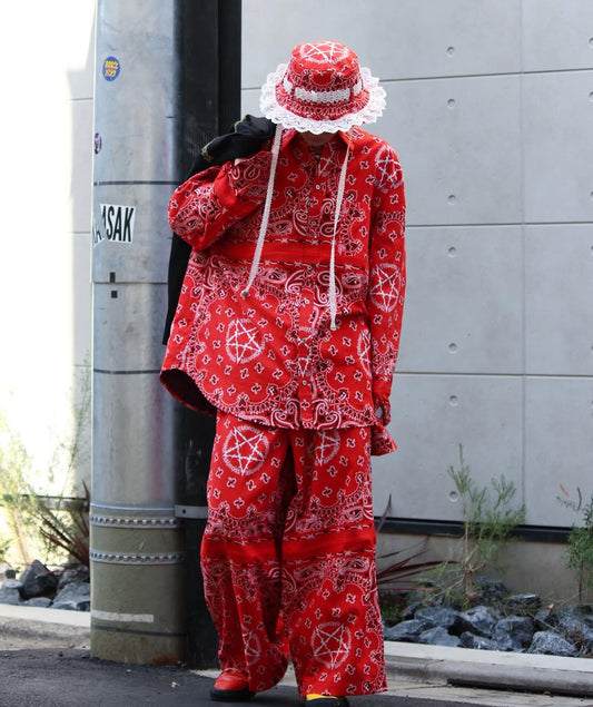 【el conductor 26SS,】COTTON BANDANA SHIRT JACKET & COTTON BANDANA TROUSERS & HIGAN EXCLUSIVE FRILL LACE BUCKET HAT