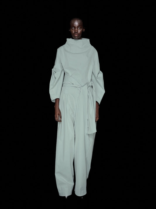 【divka 26AW,】 Stretch Chambray Twisted Sleeve Blouse & Stretch Chambray Wide Pants/ALOE