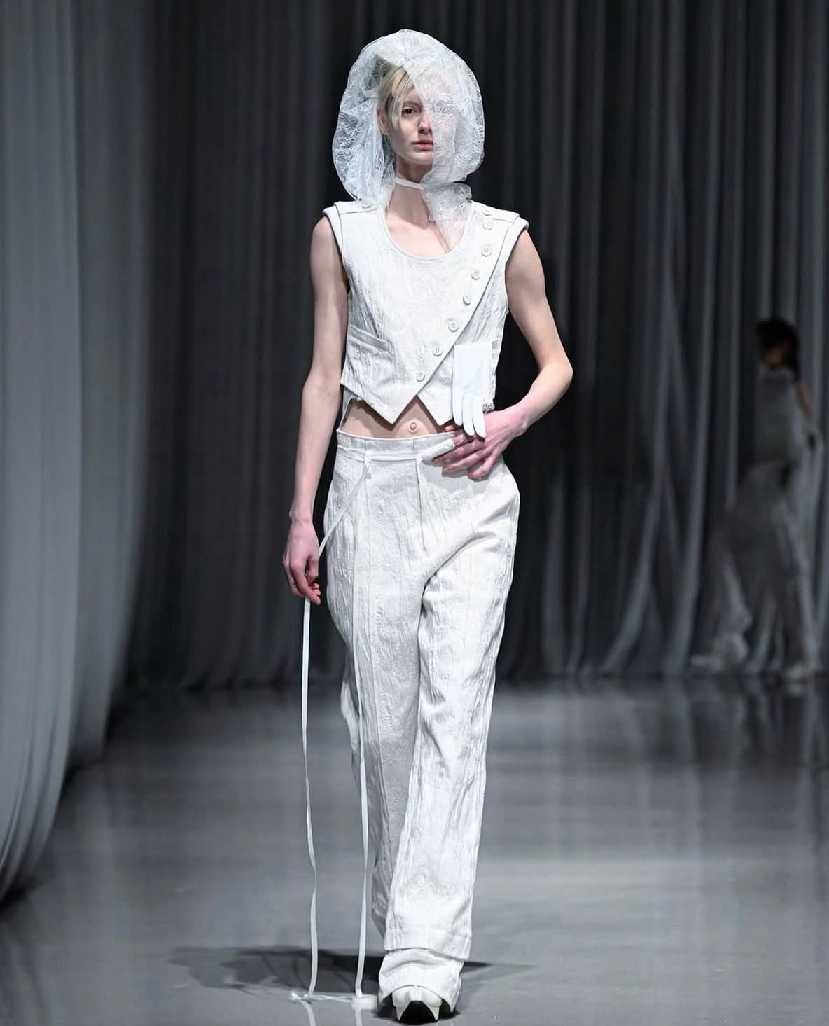 【mukcyen26AW,】eroded jacquard trousers / white / black